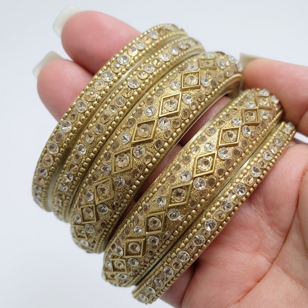 🏷NEW 5 Gold Bangle ( set ) Indian Bracelets with crystals (2 thick bangles+3  )